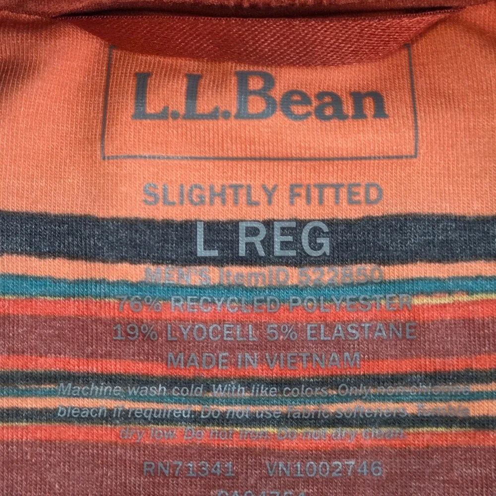 L.L. Bean Polo Shirt Mens L REG Slightly Fitted Striped Pocket Jersey Orange Mul